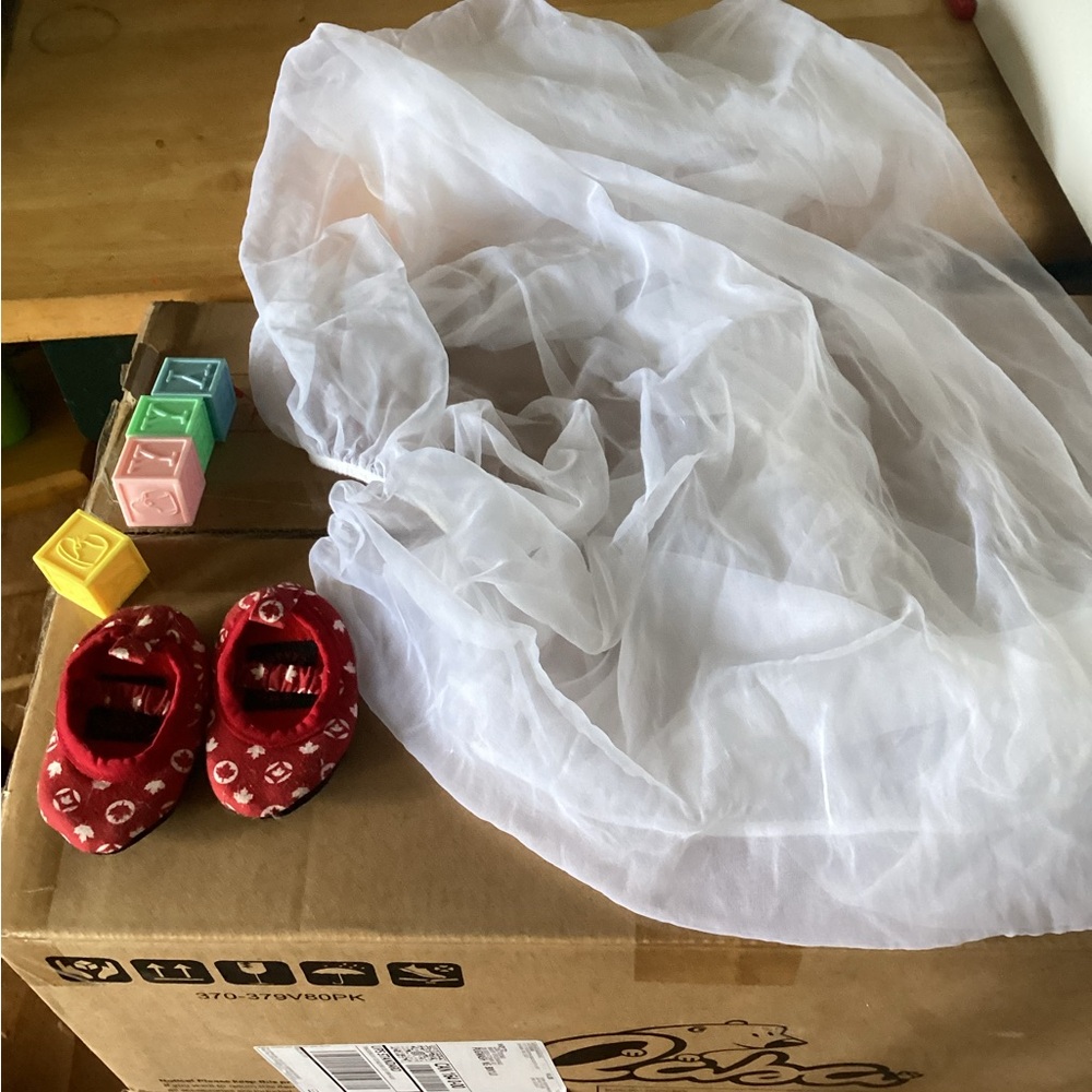 White Sheer Fabric new no marks with Red Baby Shoes